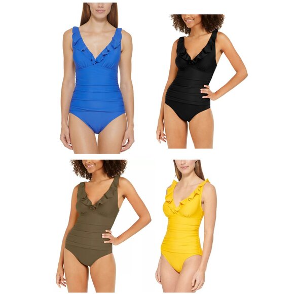 NWT DKNY Women Ruffle Plunge Underwire Tummy Control One-Piece Sz 6-18 $99 9B730 - Picture 1 of 5